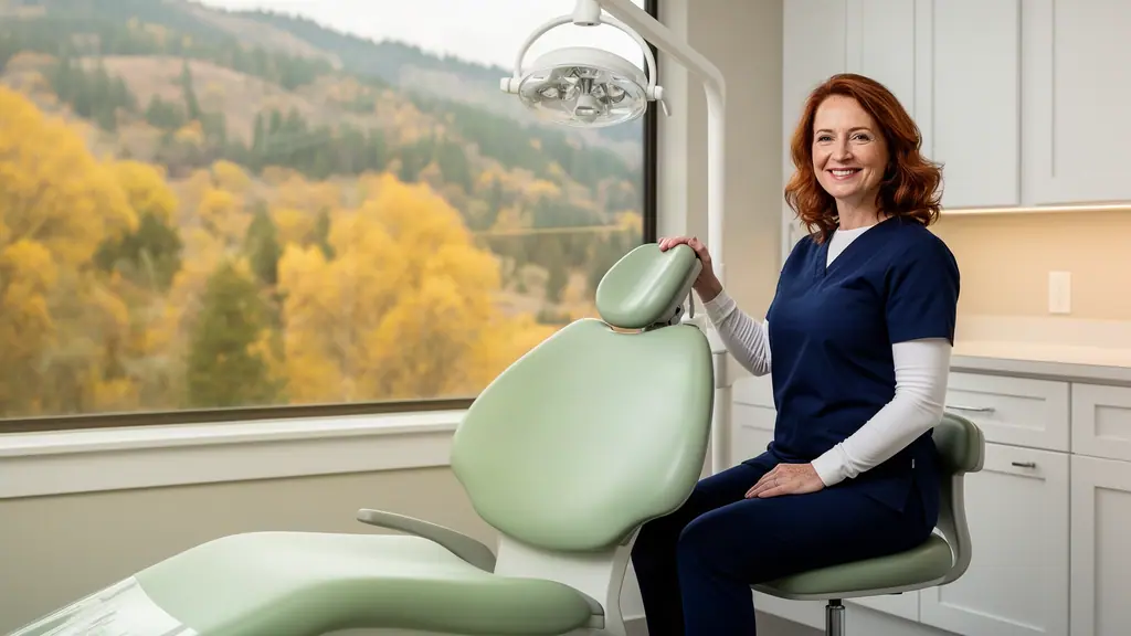 A smiling dentist in navy scrubs seated beside a new sage-green dental chair, autumn hills through the window.